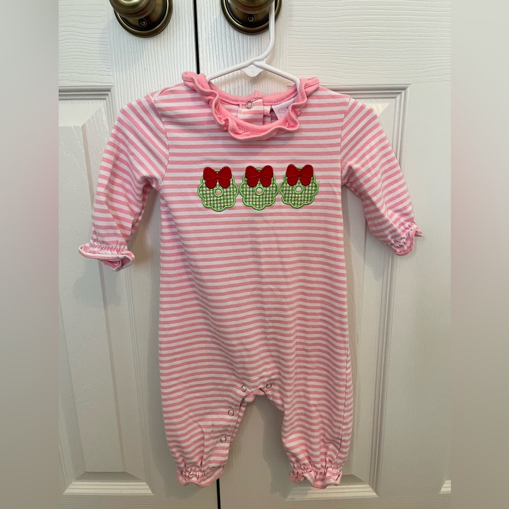 Pink Striped Girls One Piece with Green Wreaths